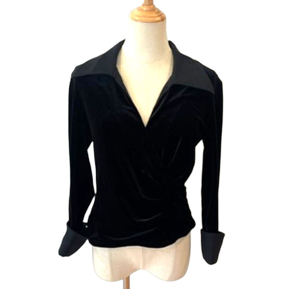 Tadashi Shoji Neiman Marcus Black Velvet Wrap Top Satin Cuffs Dressy